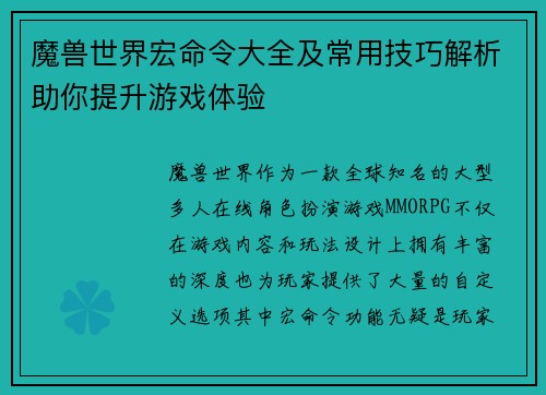 魔兽世界宏命令大全及常用技巧解析助你提升游戏体验